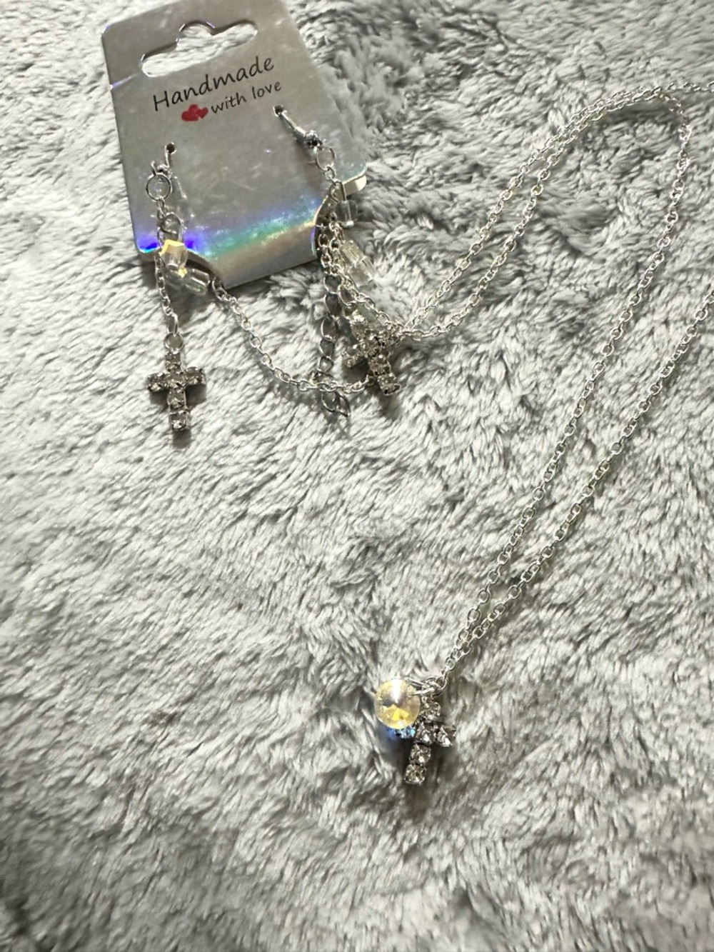 Silver Cross Necklace and Earring Set - Sparkling Crystal Accents